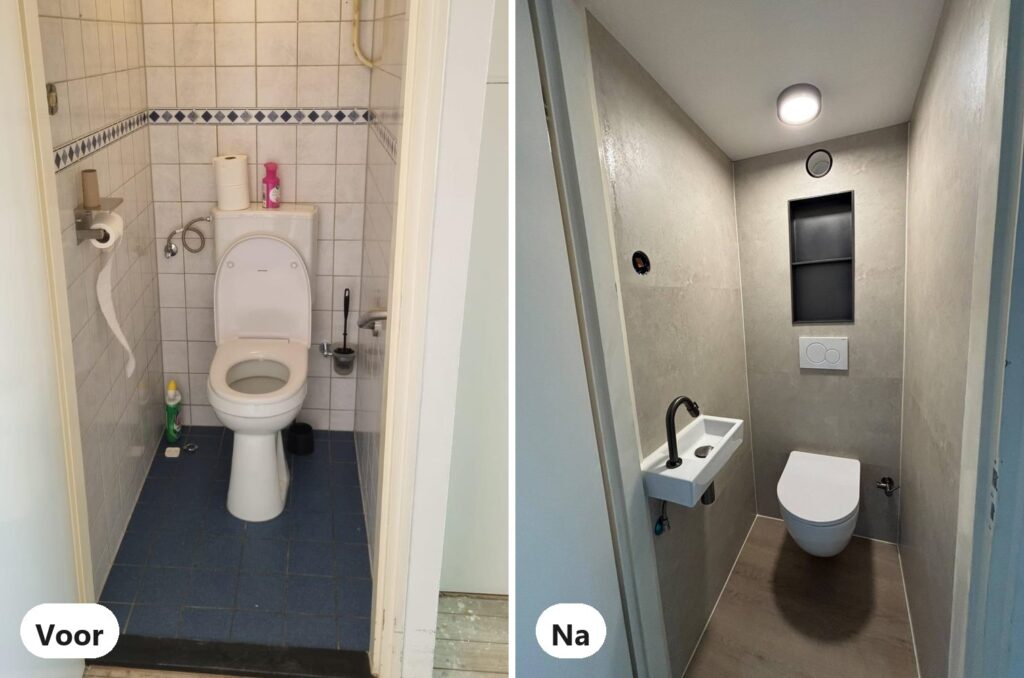 Toiletruimte voor en na de renovatie: van oude tegels en staand toilet naar wandpanelen, wandcloset en fonteintje
